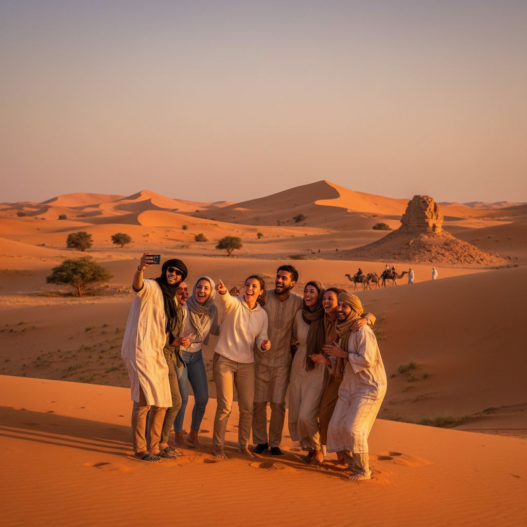 group of friends smiling and interacting in Mauritania, horizontal