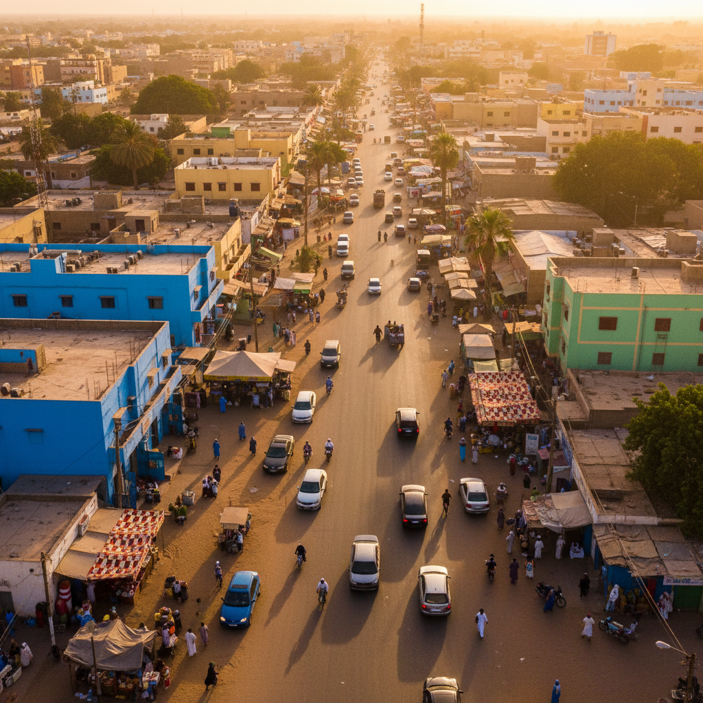 overhead view of Nouakchott street scene, Mauritania, daytime, horizontal