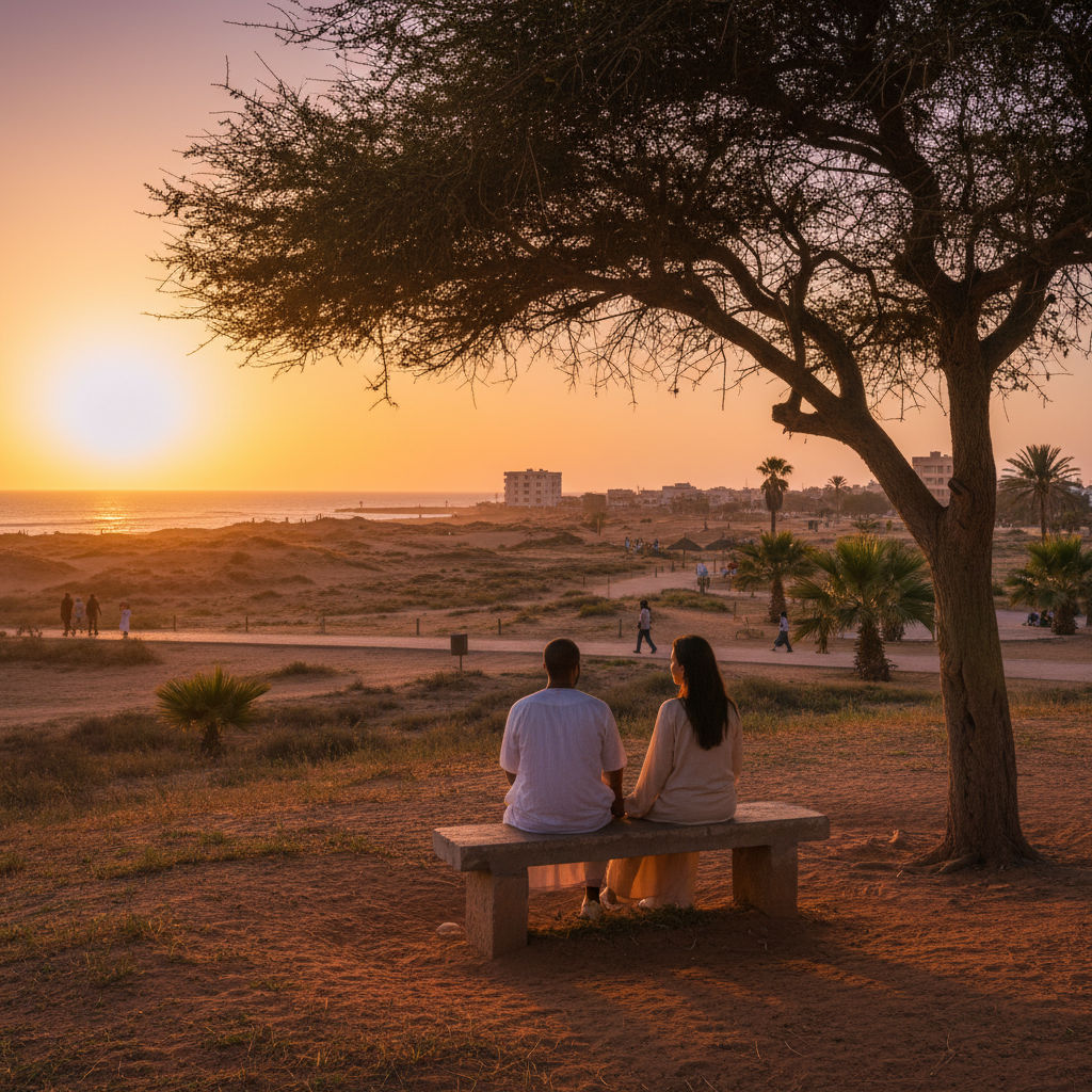 couple sharing a quiet moment in a park in Nouakchott, Mauritania, horizontal