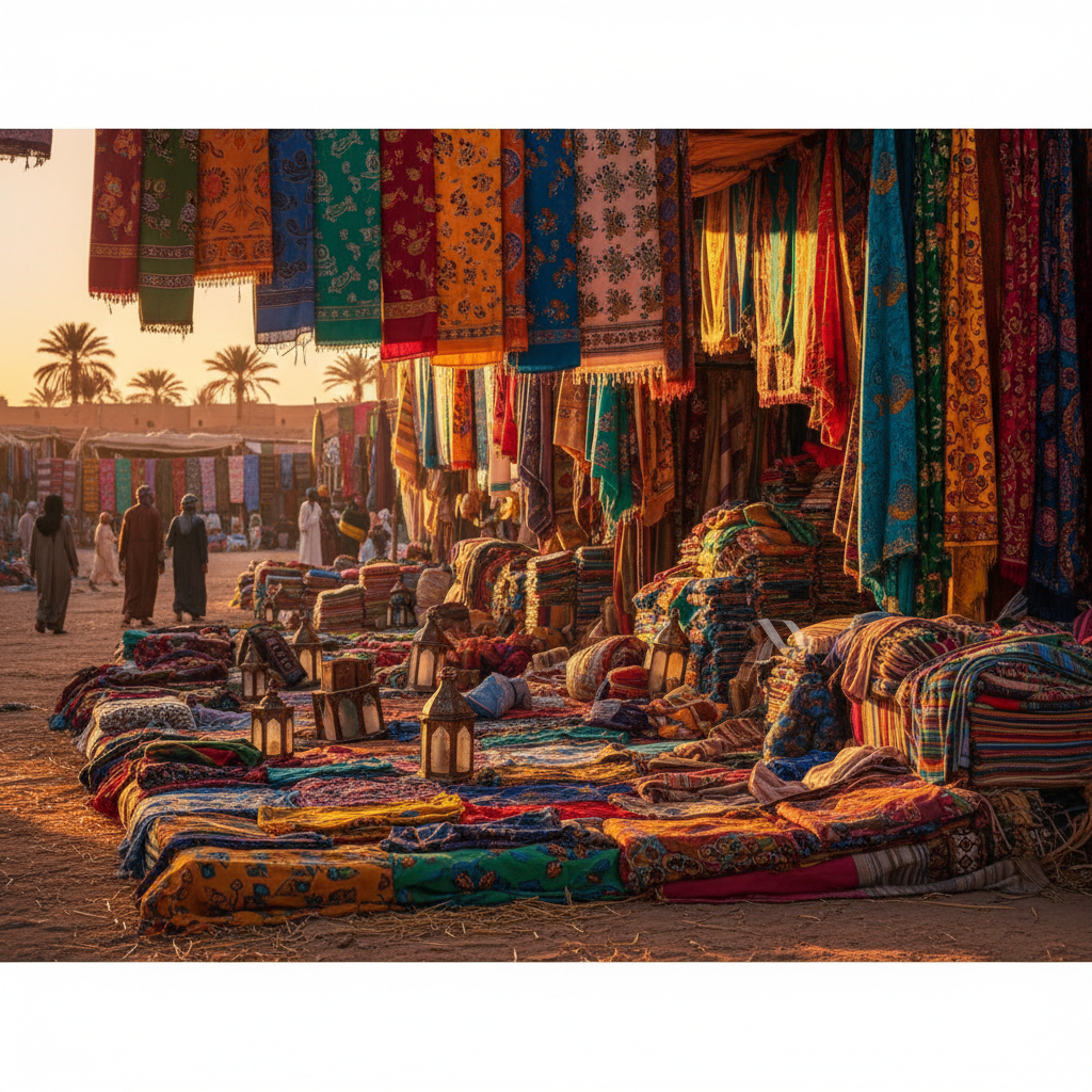 colorful textile display at a market in Mauritania, horizontal