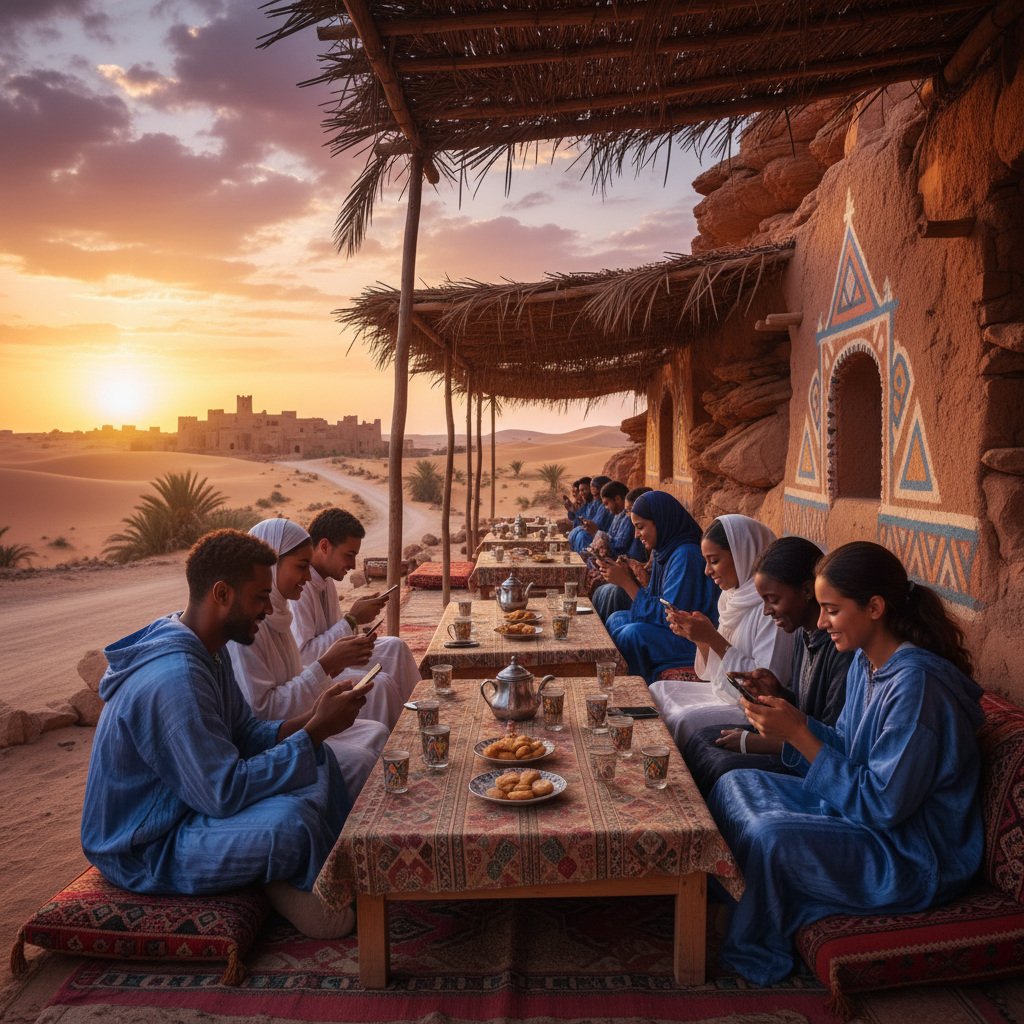 young adults using smartphones in a Mauritanian cafe, horizontal