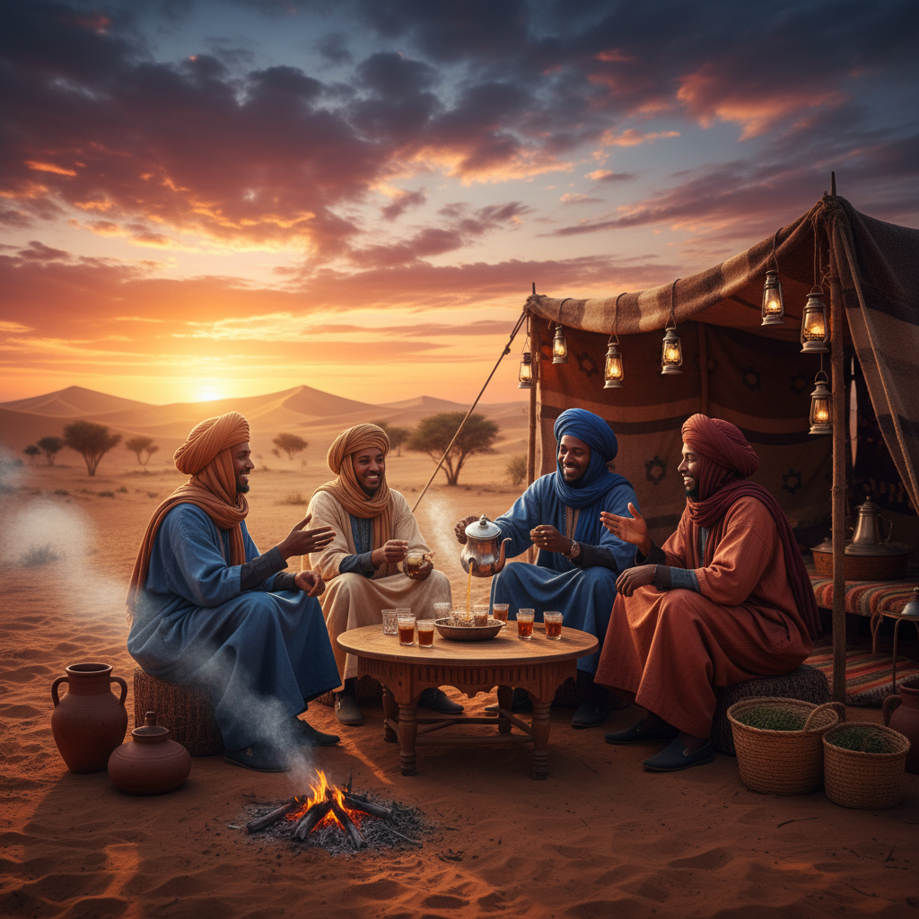 people chatting at an outdoor tea stall in Mauritania, evening light, horizontal