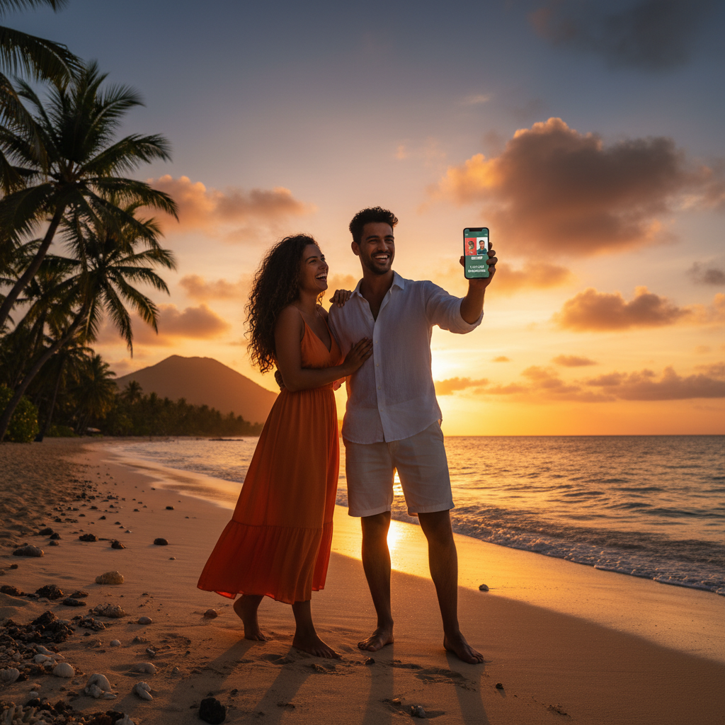 Multicultural couple meeting Mauritius beach cafe smiling
