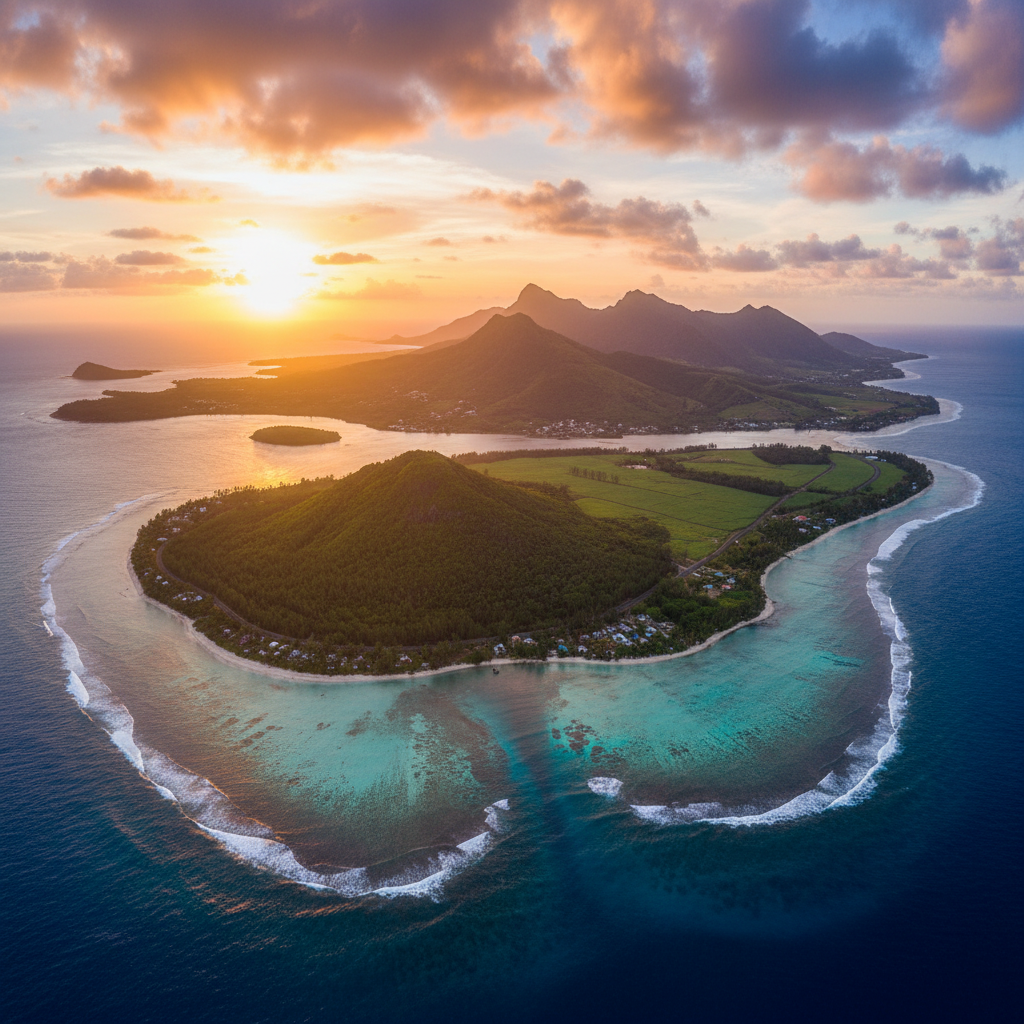 Mauritius Port Louis waterfront aerial sunset turquoise lagoon