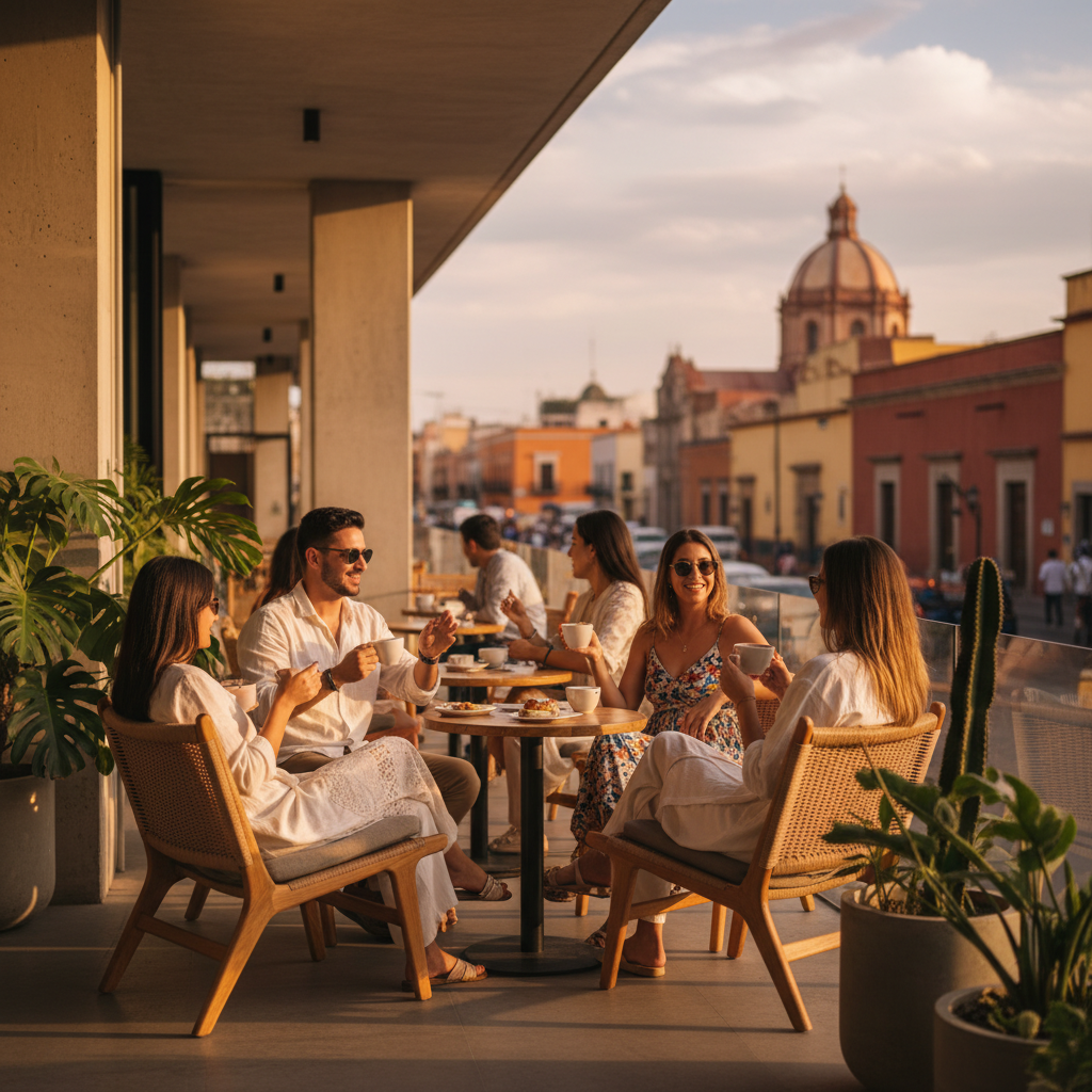 Young adults at a modern cafe in Guadalajara, Mexico, chatting, coffee cups, casual, horizontal
