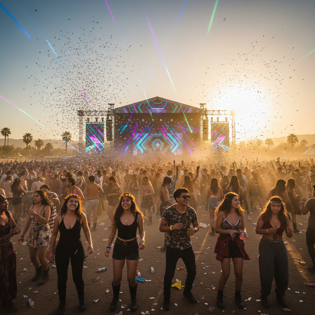 People dancing at a music festival in Mexico, energetic, crowd, bright lights, horizontal