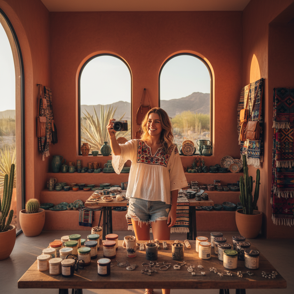 Influencer filming a lifestyle vlog in a Mexican boutique, product display, modern, horizontal