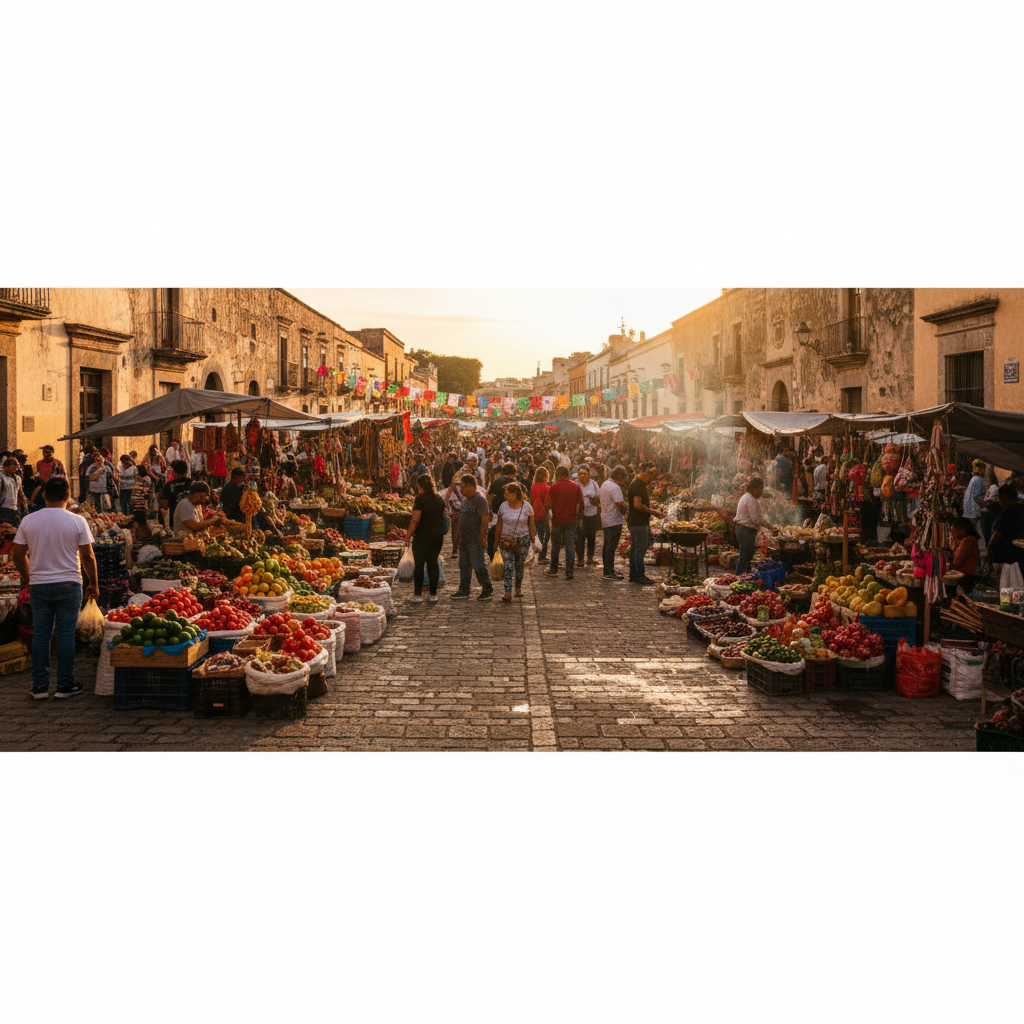 Bustling street market in Mexico, people shopping, goods displayed, diverse, horizontal