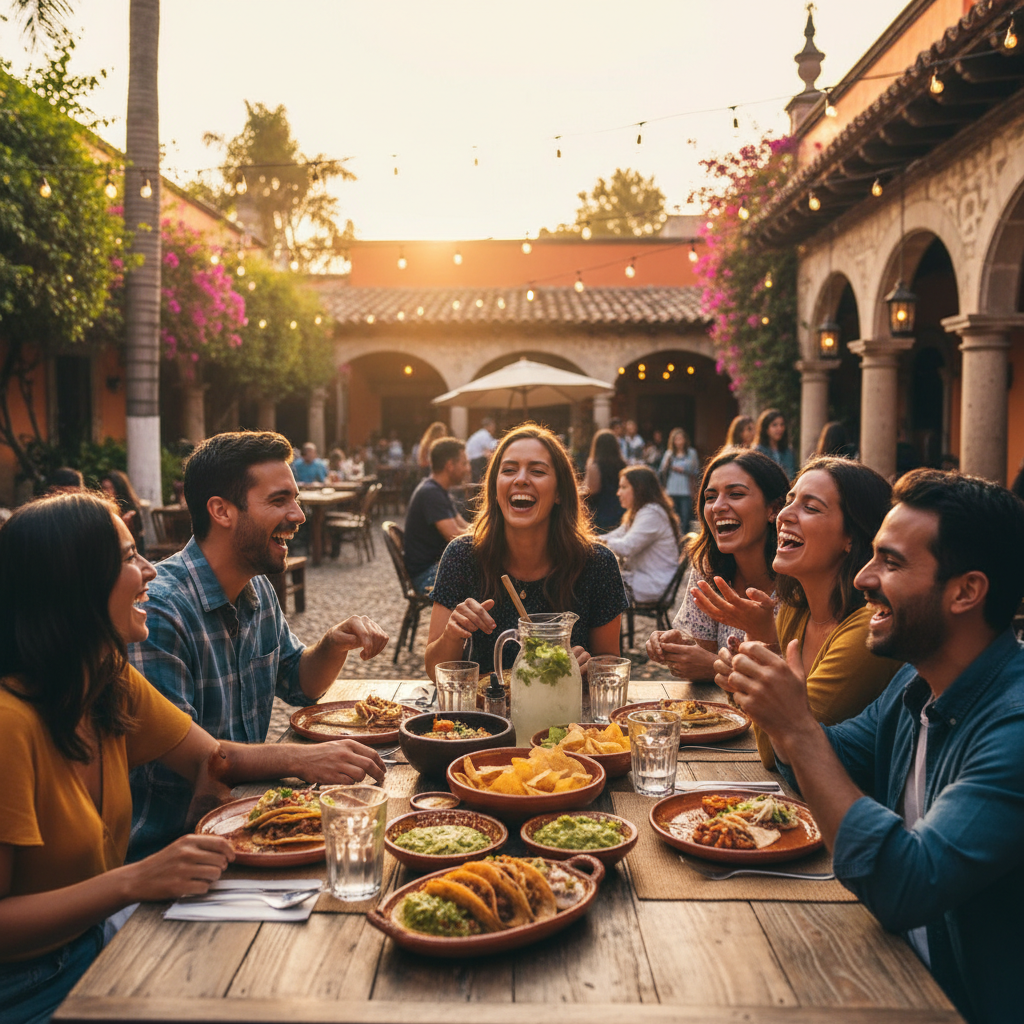 Group of friends laughing at a restaurant table in Mexico, sharing food, lively atmosphere, horizontal