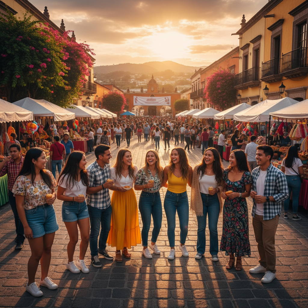 Diverse group of young adults joining a community event in Mexico, smiling, interacting, horizontal