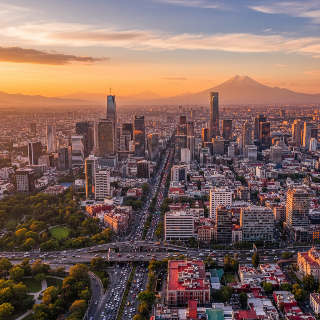 Mexico City skyline overview, daytime, vibrant colors, wide shot, horizontal