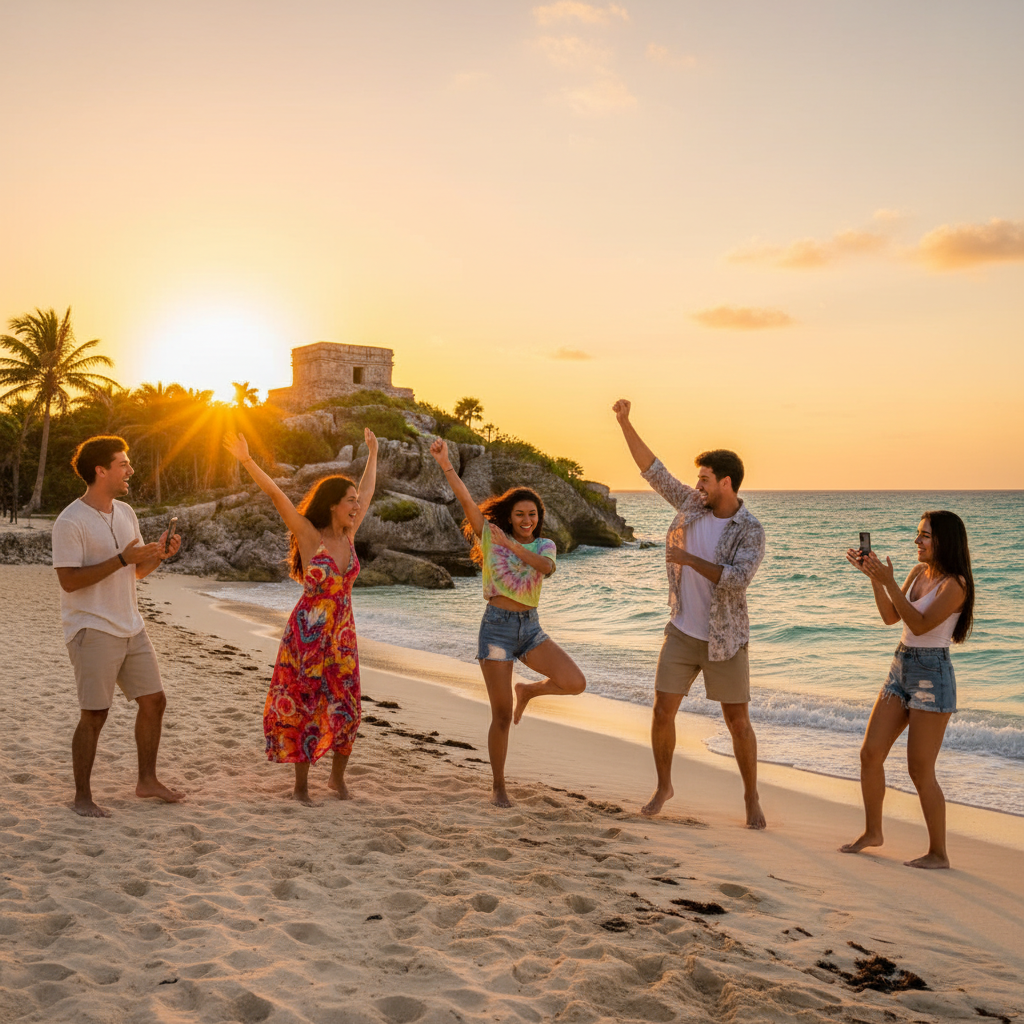 TikTok dance challenge being filmed by a group of friends in Mexico, fun, energetic, horizontal
