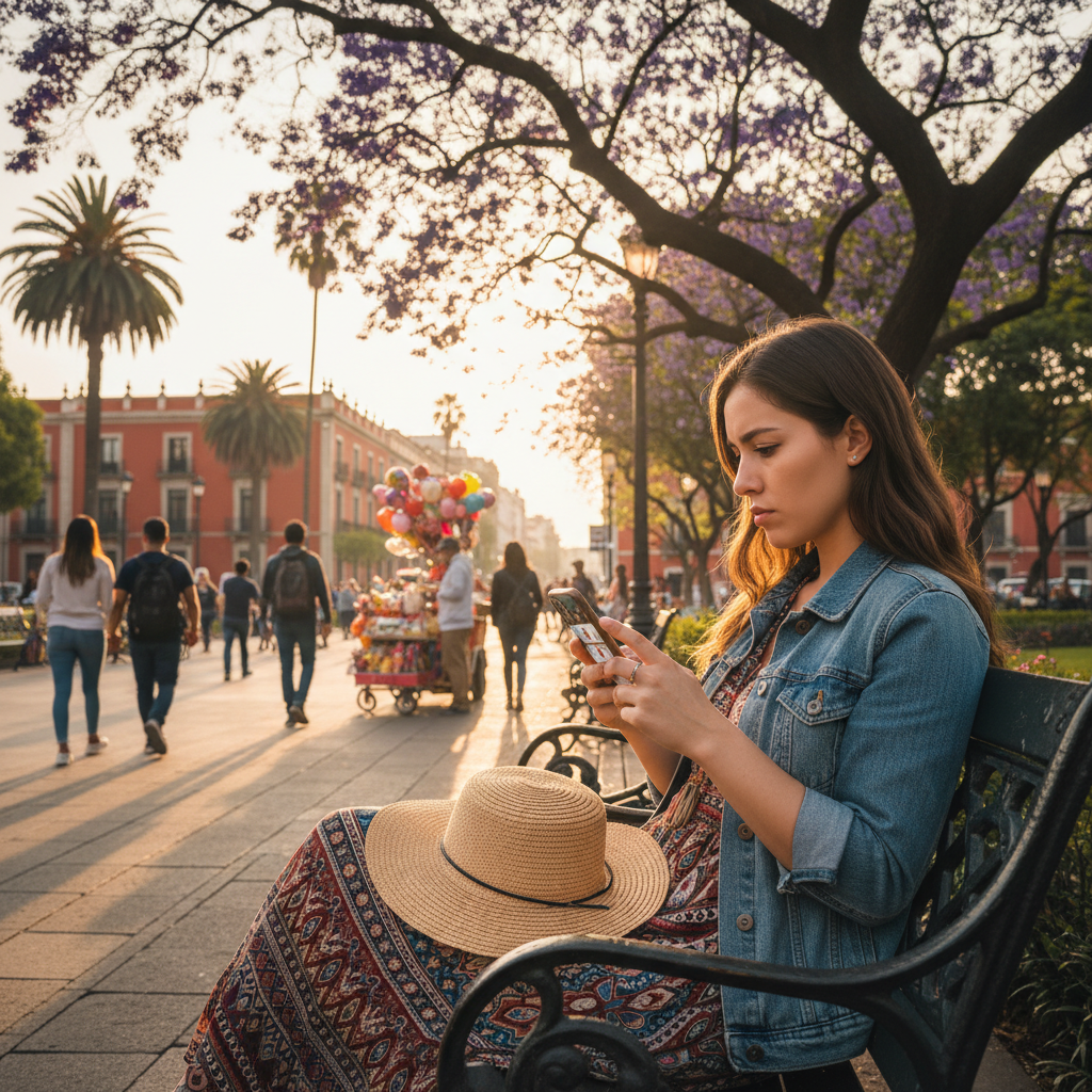 Woman browsing online dating app on her phone in a Mexico City park, focused, natural light, horizontal
