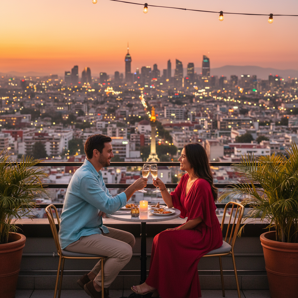 Couple on a date at a rooftop bar in Mexico City, city lights background, romantic, horizontal
