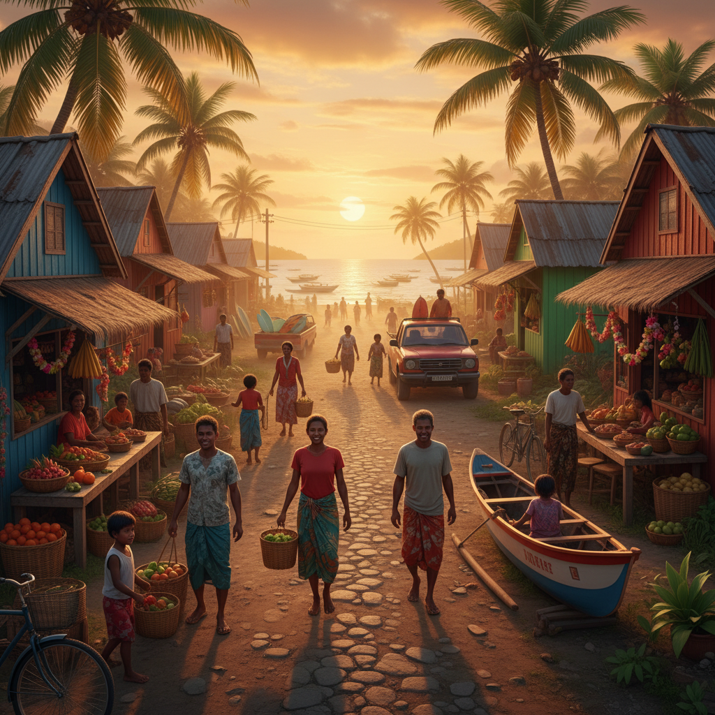 Vibrant street scene in a Micronesian town horizontal