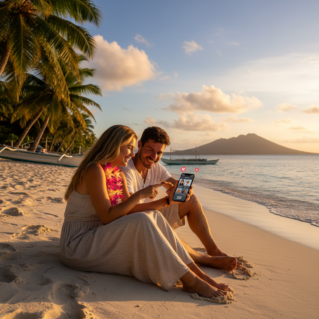 Couple using smartphone for online dating in Micronesia horizontal