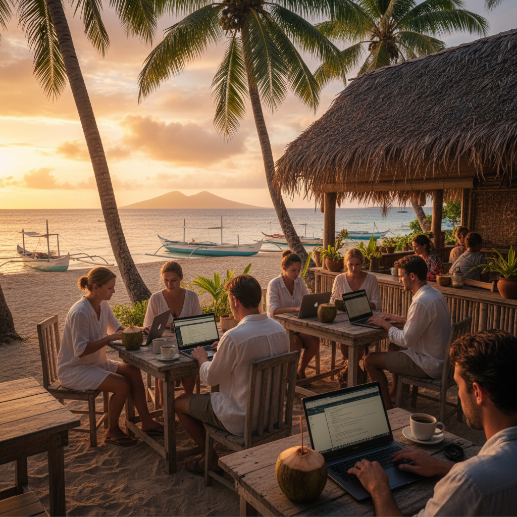 People working on laptops in a cafe in Micronesia horizontal