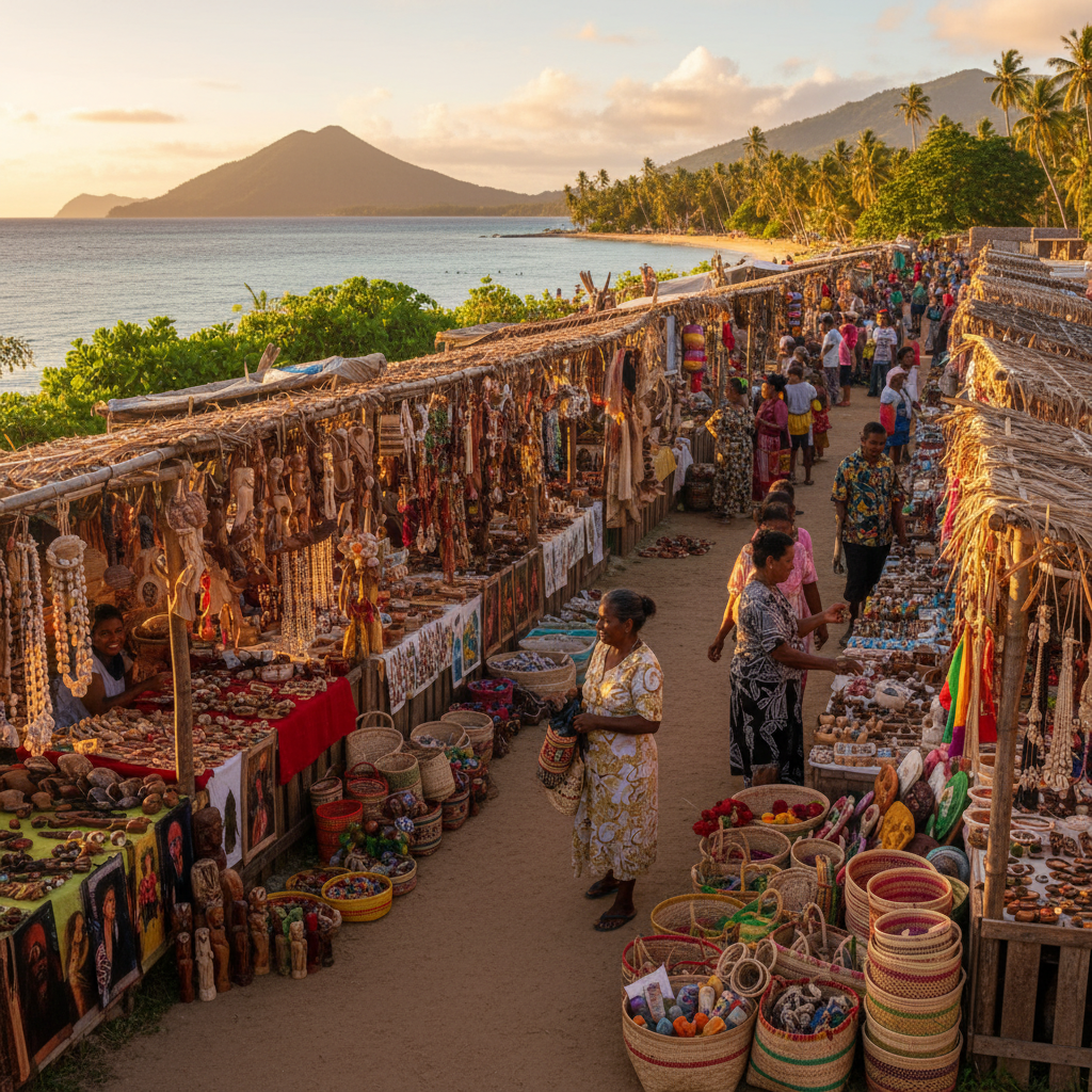 Local market stalls displaying crafts in Micronesia horizontal