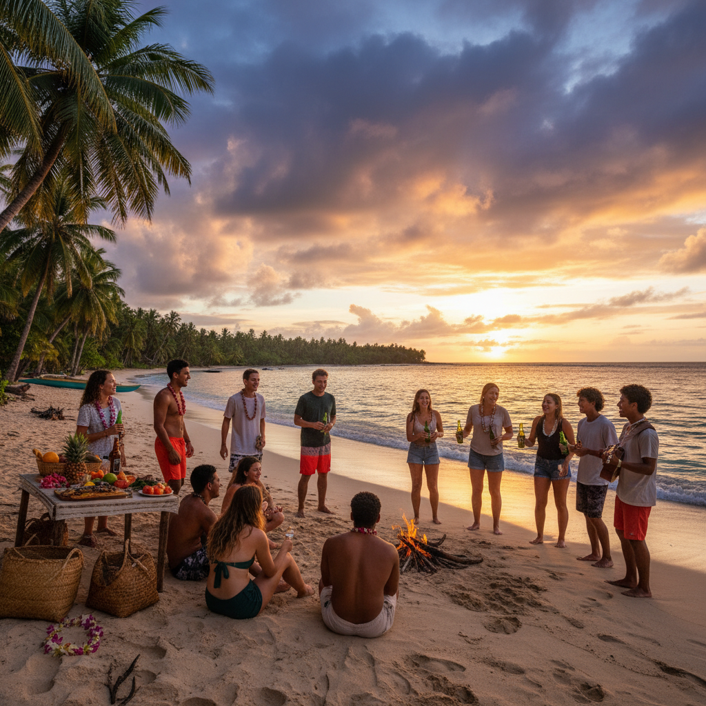 Group of young adults socializing at a beach gathering in Micronesia horizontal
