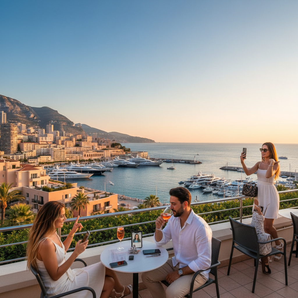 Couple dining Monte Carlo Monaco rooftop restaurant sea view romantic