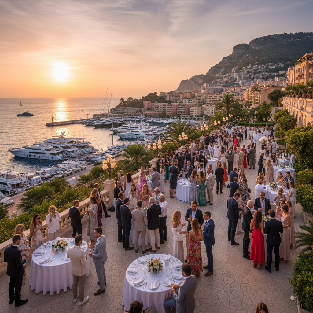 people joining a social gathering in Monaco, horizontal orientation