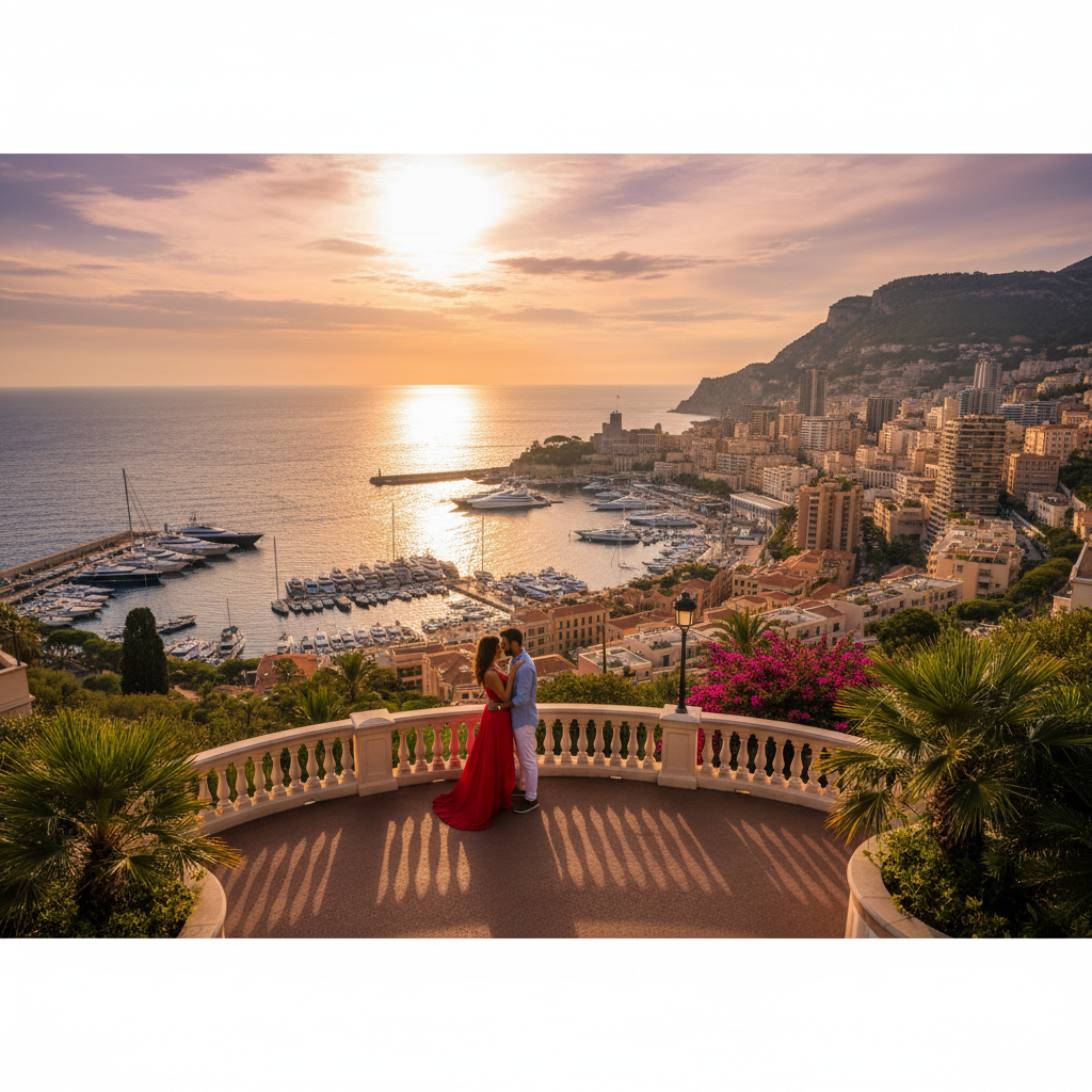 Monaco harbor sunset Prince Palace golden hour Mediterranean panoramic