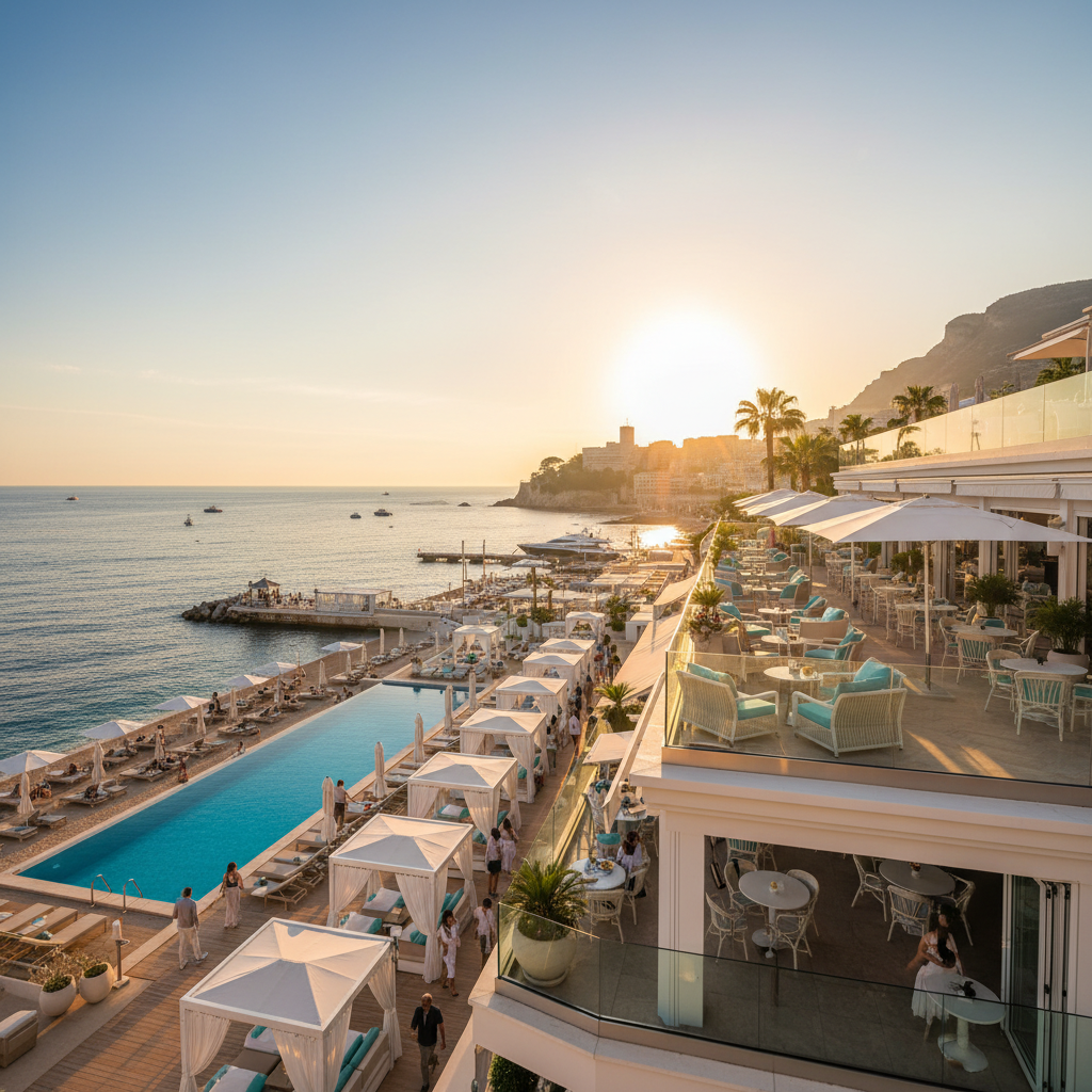 upscale cafes and beach clubs in Monaco, horizontal orientation
