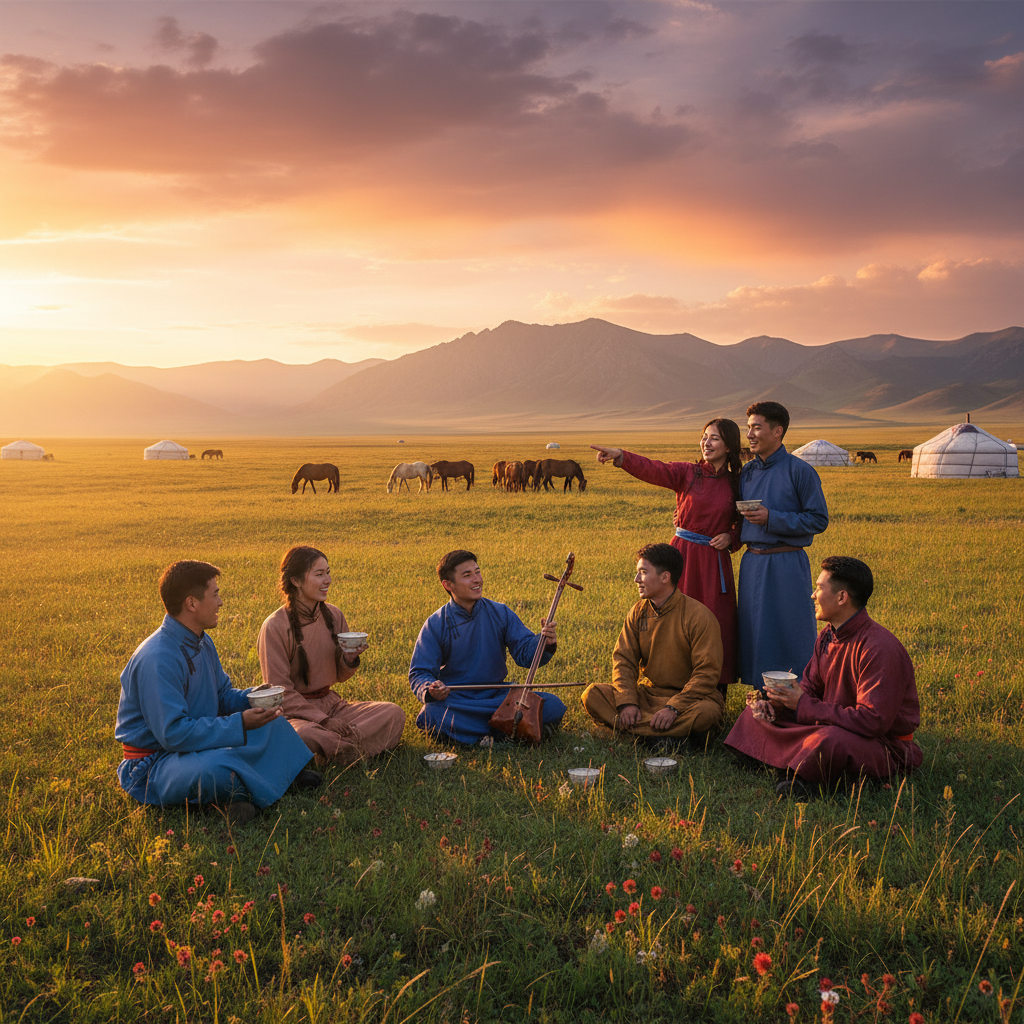 Diverse group of young Mongolians socializing