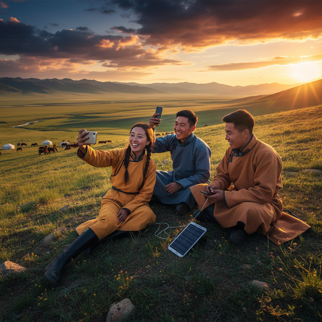 Young Mongolians using smartphones