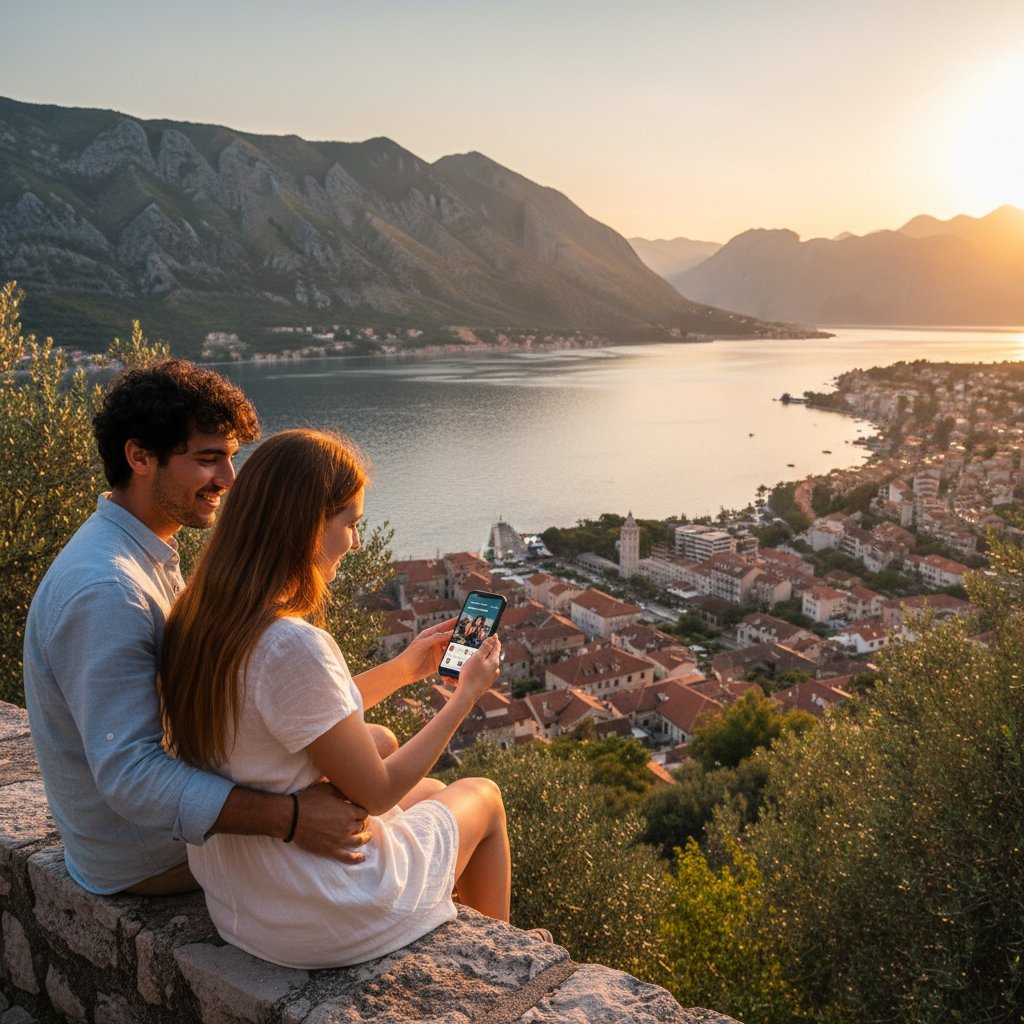 Montenegro young people socializing in a coastal town cafe