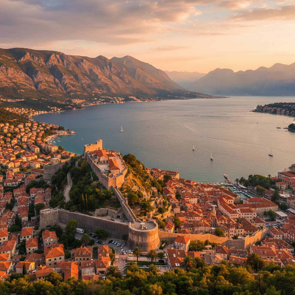 Montenegro coastline with Kotor Bay panoramic view, blue water