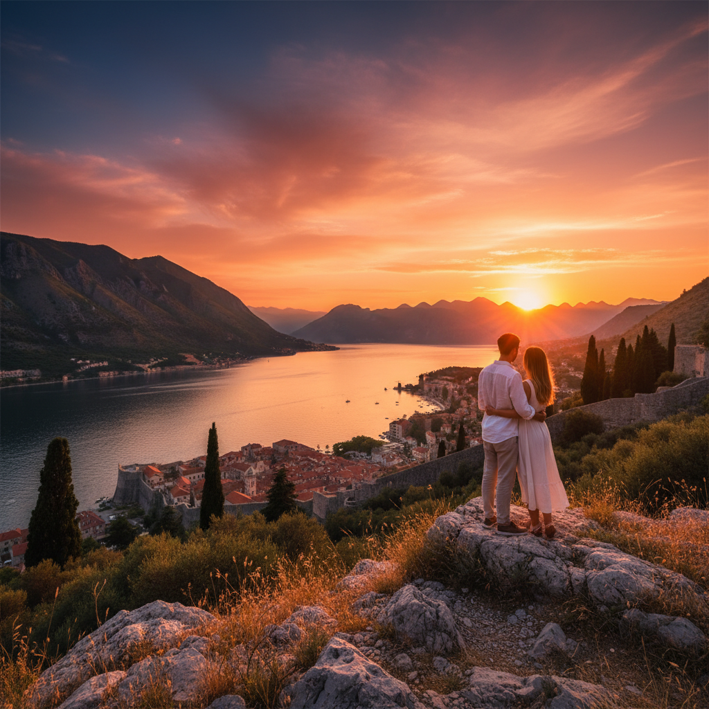 Montenegro Sveti Stefan island at sunset, romantic scenery