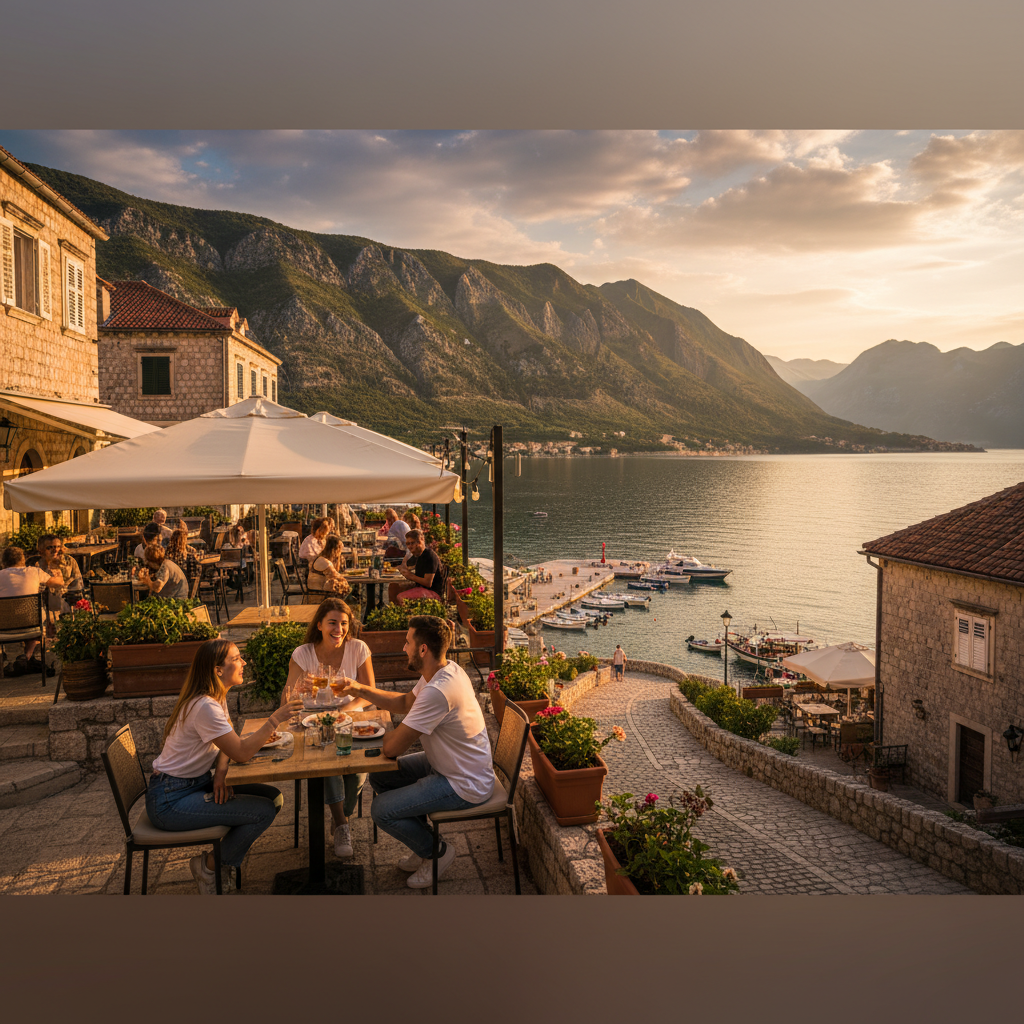 Montenegro old town Kotor bar at night, stone walls, warm light
