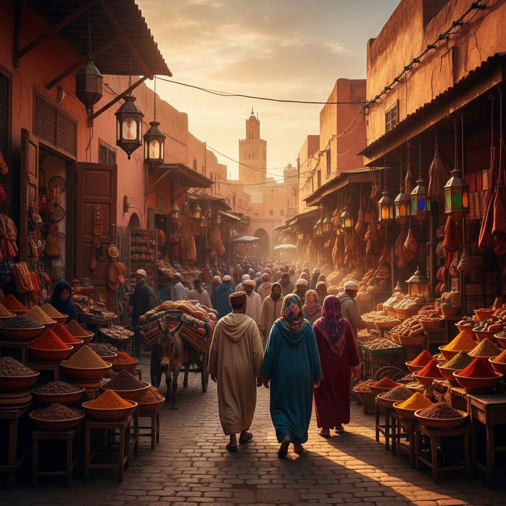 vibrant street scene in a Moroccan city horizontal