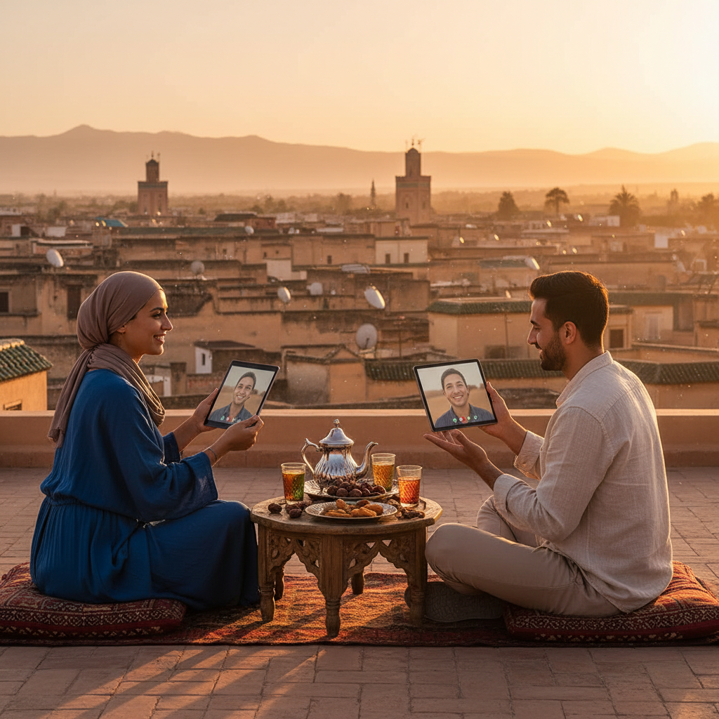 couple on a digital date in Morocco horizontal