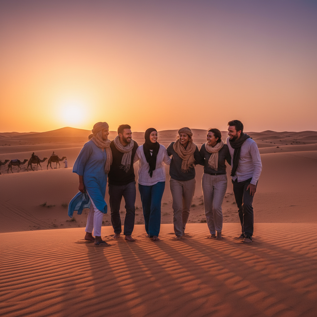 group of friends joining together in Morocco horizontal