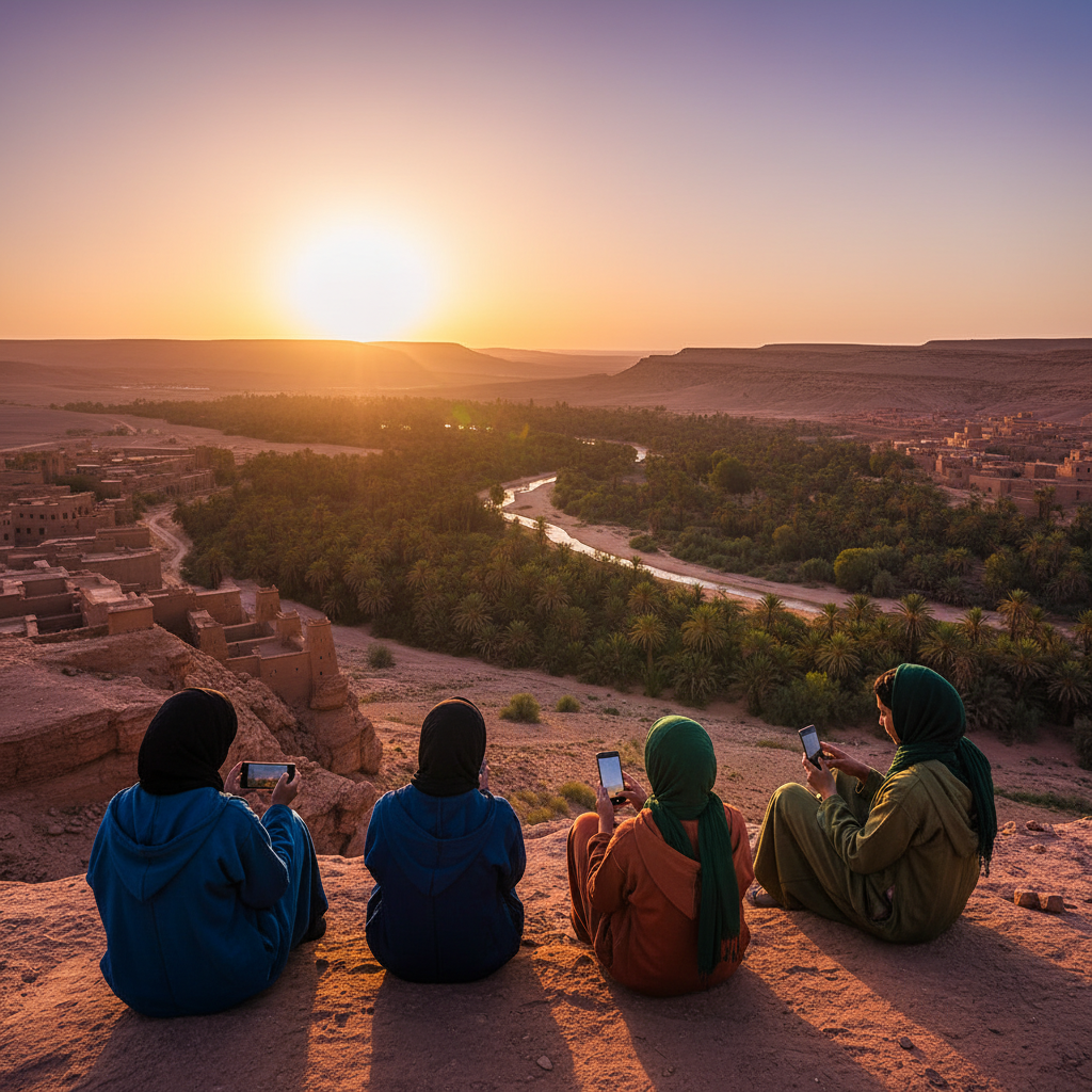 young Moroccans using smartphones horizontal