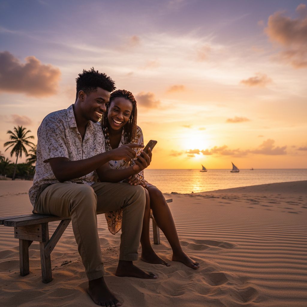 Couple watching sunset Tofo Beach Mozambique Indian Ocean romantic golden