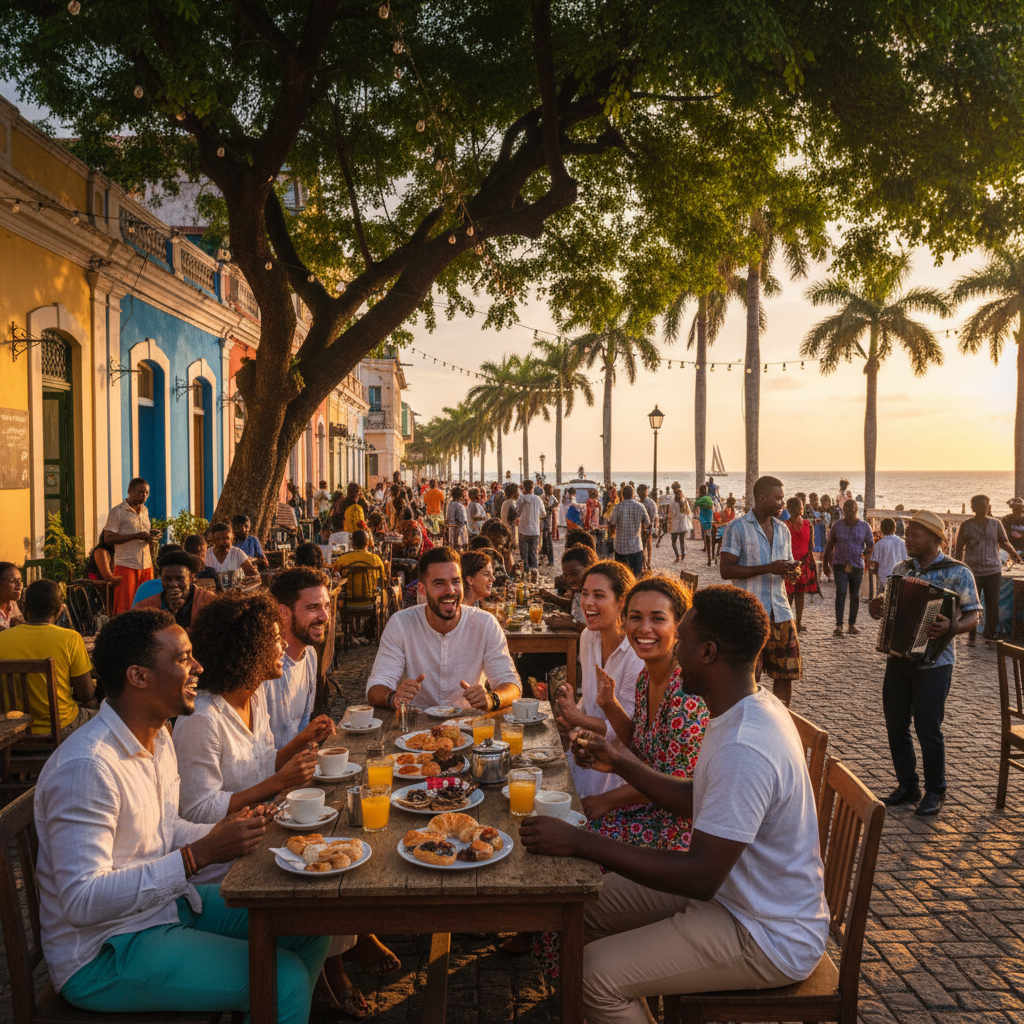 friends meeting at a lively cafe Maputo horizontal