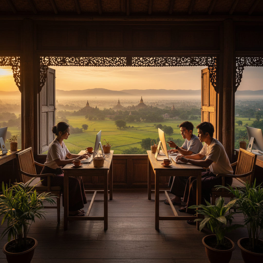 Young professional working on laptop, coffee shop, horizontal photo