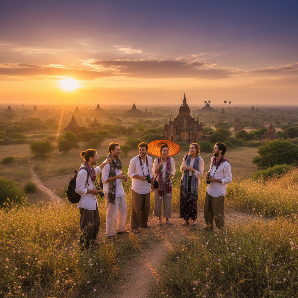 Group of diverse young people smiling, Myanmar, horizontal photo