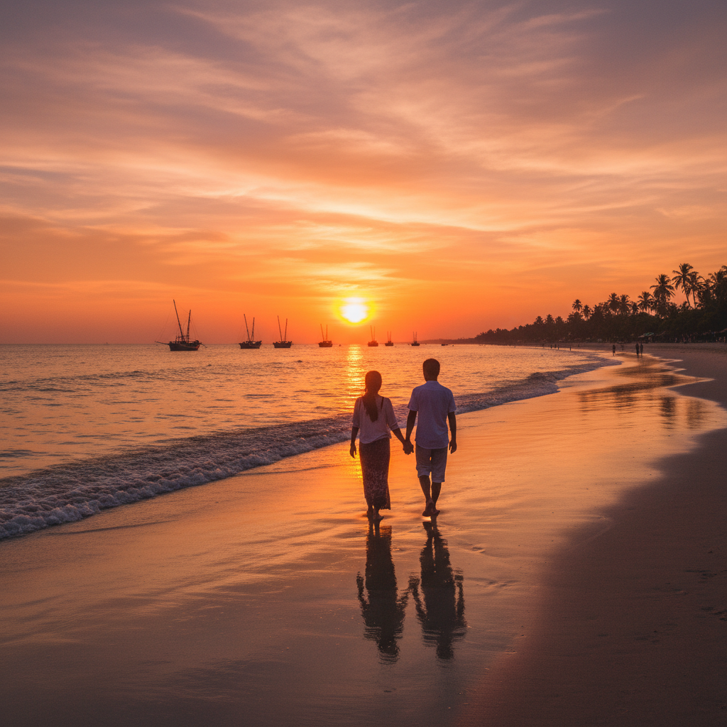Couple walking in Shwedagon Pagoda at sunset, horizontal photo