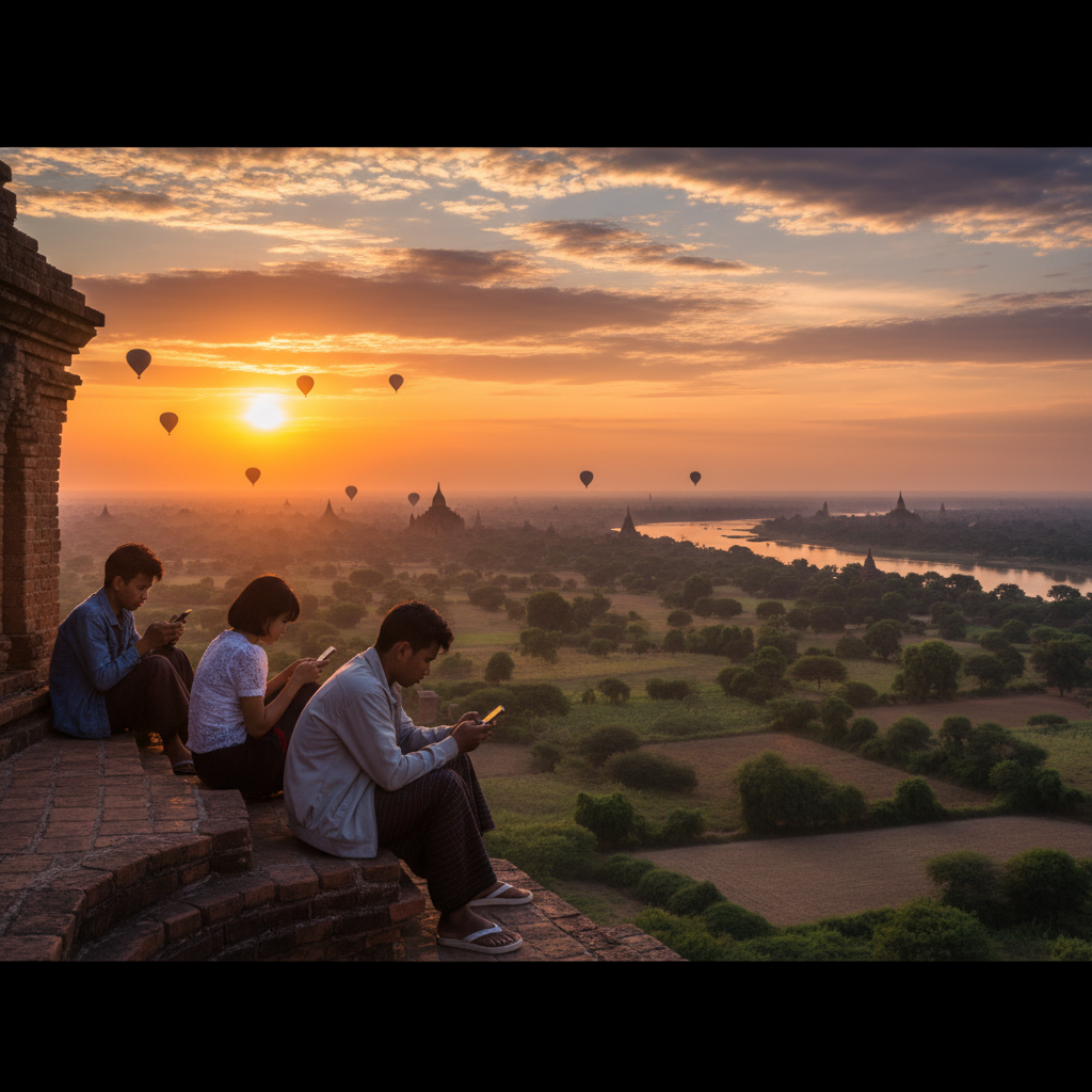 Young adults using smartphones, TikTok dance challenge, horizontal photo