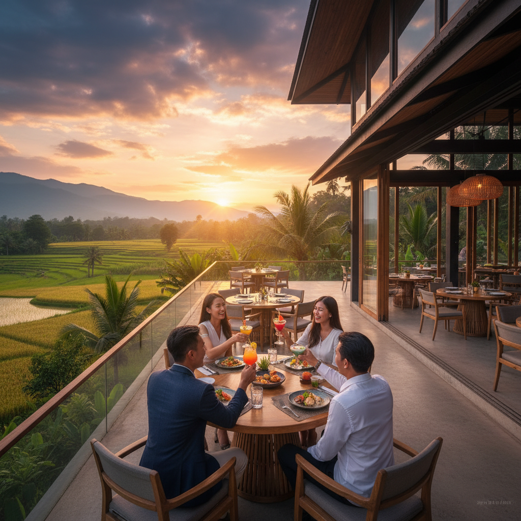 Cafe interior, friends chatting, Yangon, horizontal photo