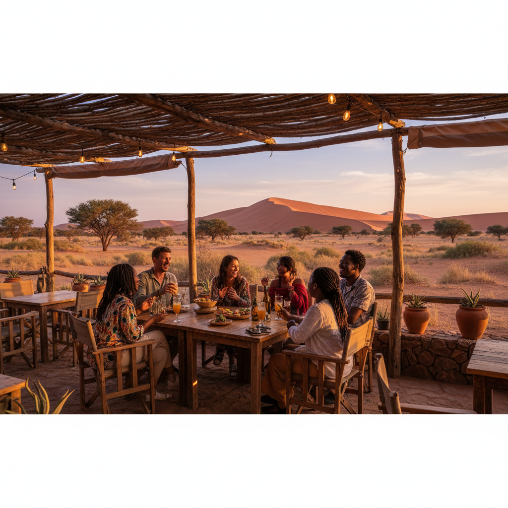 Namibia friends gathering at outdoor cafe, horizontal, social atmosphere