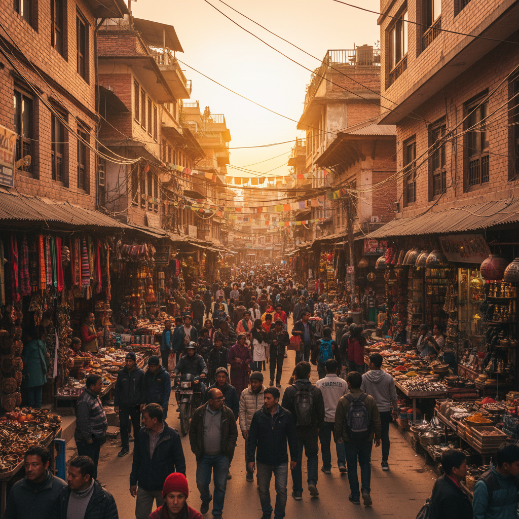 busy street scene in Thamel, Kathmandu, Nepal, showing shops and pedestrians, horizontal