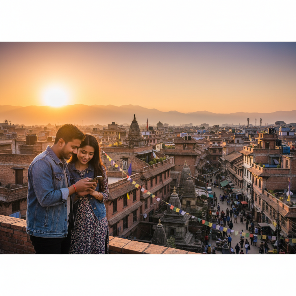 young Nepali couple looking at a smartphone together, hopeful expression, urban setting, horizontal