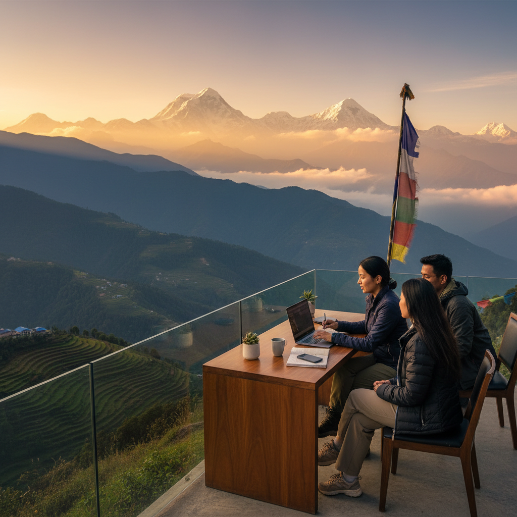 Nepali entrepreneur demonstrating a product on a laptop, modern workspace, horizontal
