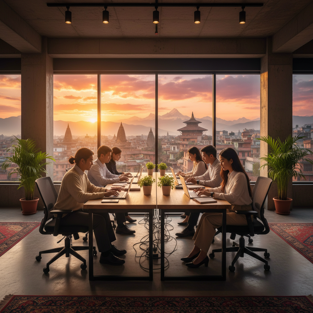 young Nepali professionals working on laptops in a modern office, Kathmandu, horizontal