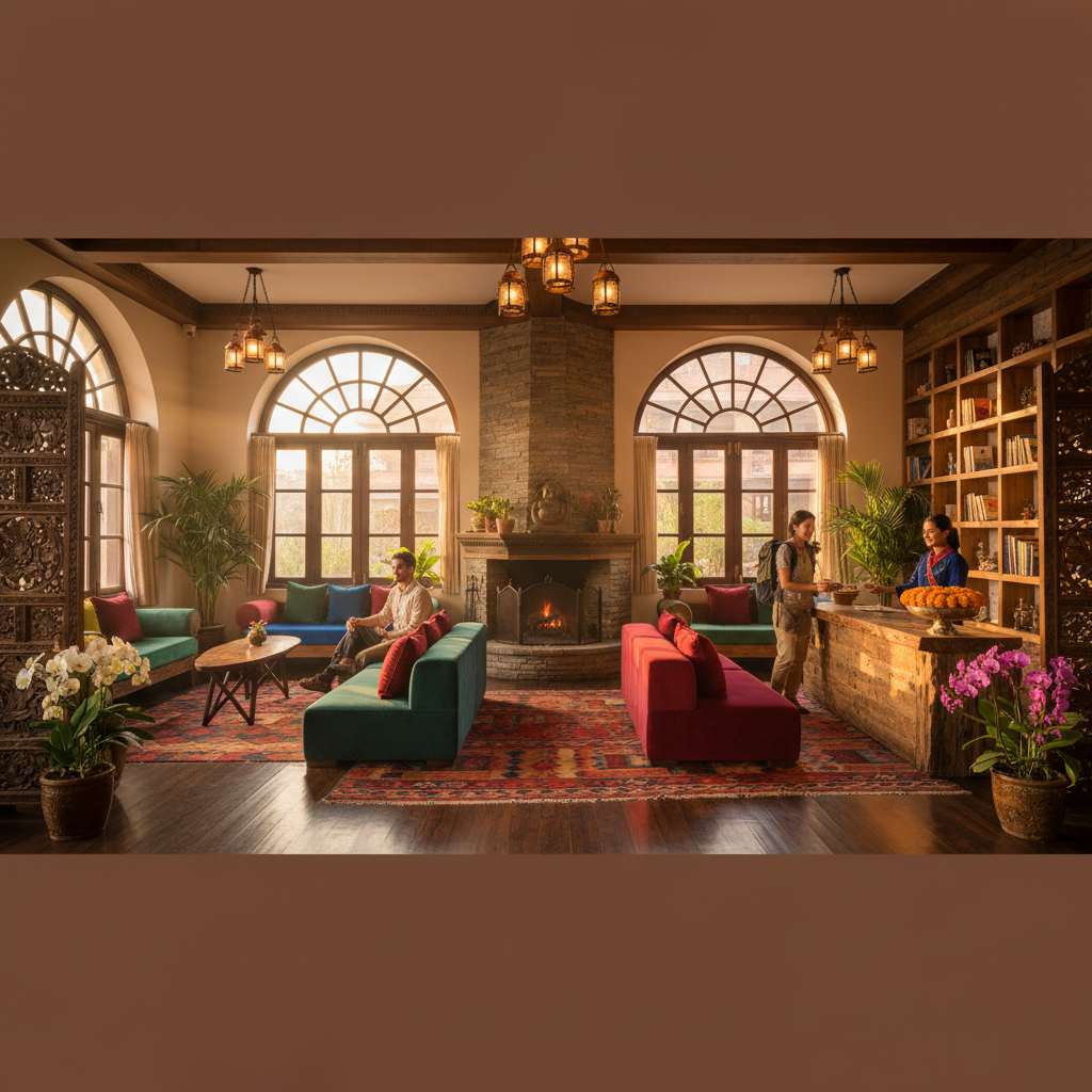 interior of a stylish boutique hotel lobby in Nepal, welcoming atmosphere, horizontal